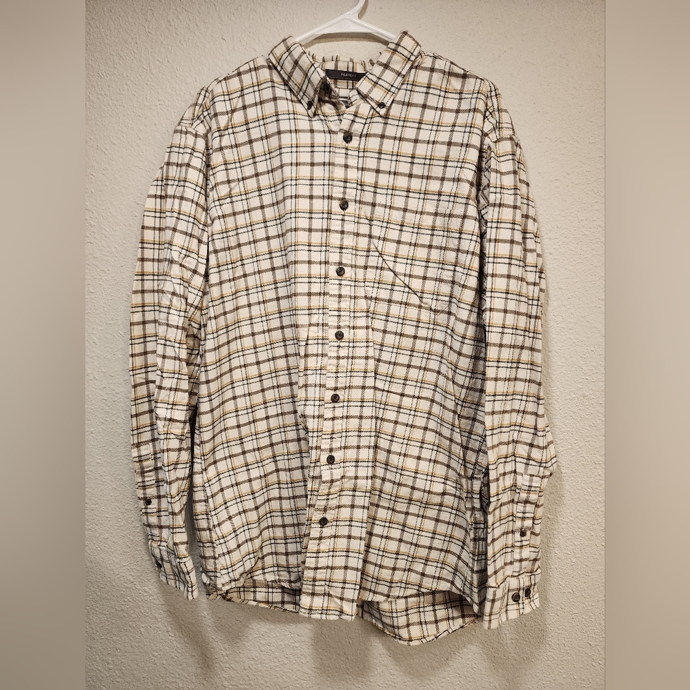 Eddie Bauer Men's Casual Plaid Flannel Shirt - Cream and Brown